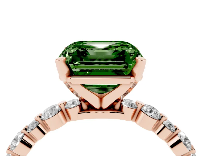 Fancy Green Asscher Cut Diamond Prong Set Engagement Ring Set in Rose gold with Round Accent Pavé Band