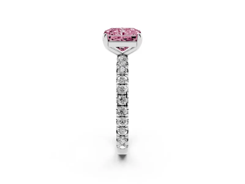 Fancy Pink Radiant Cut Diamond Pavé Solitaire Ring Set in White gold with Round Band and Prong Setting