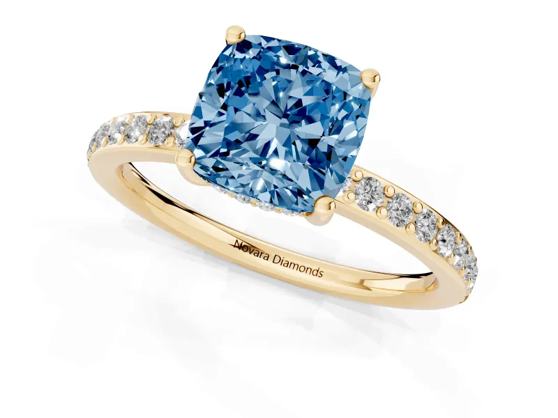 Fancy Blue Cushion Cut Diamond Pavé Band Ring Set in Yellow gold with Prong-Set Center Stone