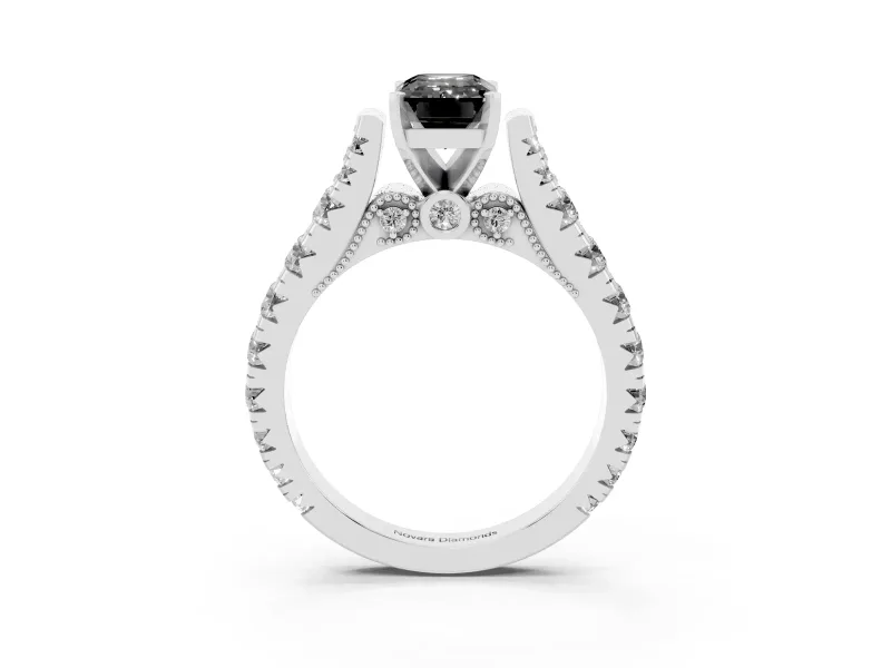 Fancy Black Emerald Cut Diamond Classic Solitaire Ring Set in Silver with Pavé Band and Prong Setting