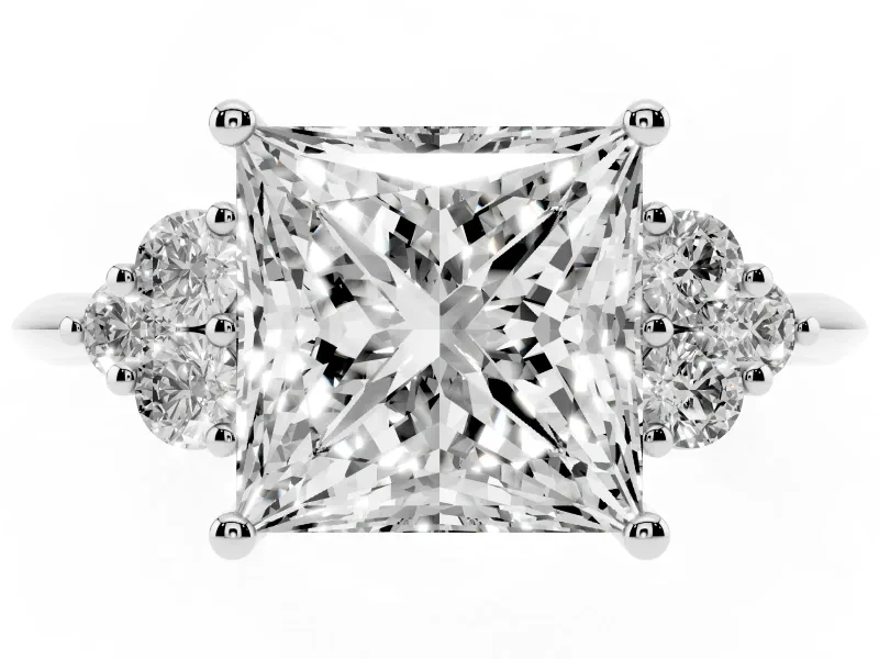Princess Cut Cluster Accent Engagement Ring Setting | Plain Band | Platinum