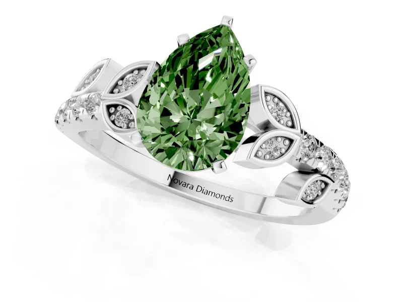 Pear-Shaped Leaf Pavé Engagement Ring Setting for a Fancy Green Lab-Grown Diamond | White Gold