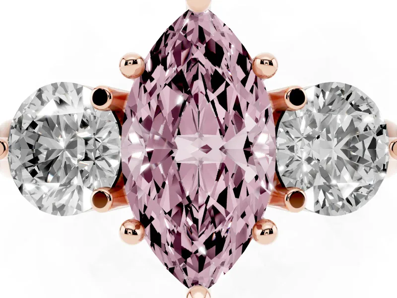 Fancy Pink Marquise Cut Diamond Three-Stone Ring Set in Rose gold with Prong Setting and Classic Band