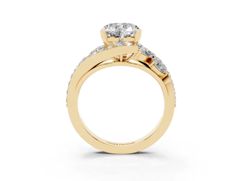 Heart Cut Diamond Halo Ring Set in Yellow gold with Marquise and Pavé Band in Prong Setting
