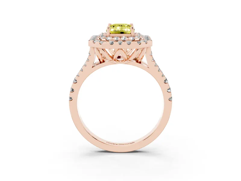 Emerald Cut Halo Split Shank Engagement Ring Setting for a Fancy Yellow Lab-Grown Diamond | Pavé Strands | Rose Gold