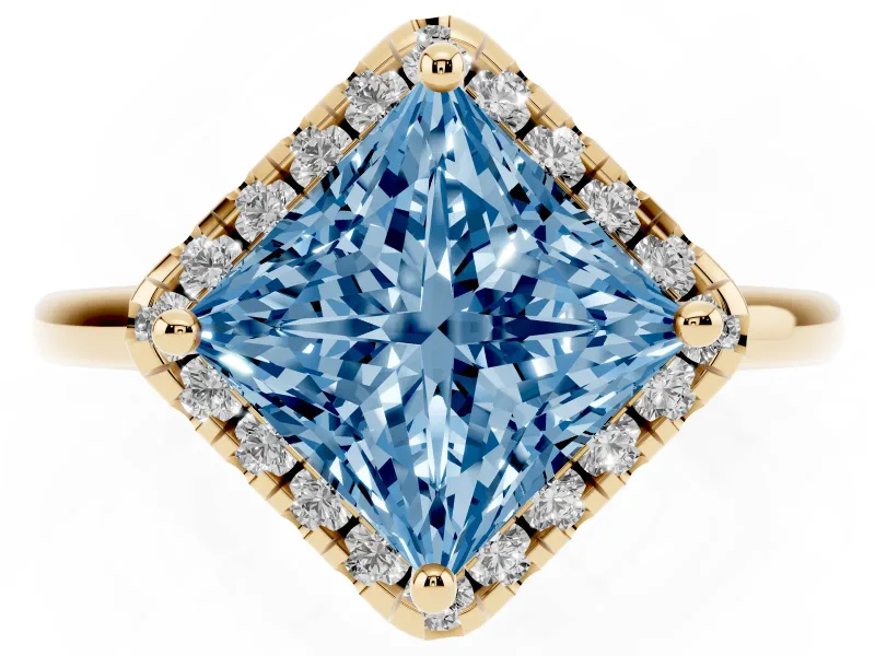 Princess Cut Halo Engagement Ring Setting for a Fancy Blue Lab-Grown Diamond | Plain Polished Band | Yellow Gold