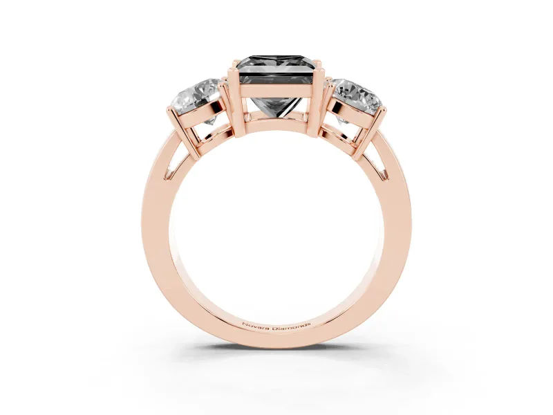 Princess Cut Three Stone Engagement Ring Setting for a Black Center | Round Side Stones | Rose Gold