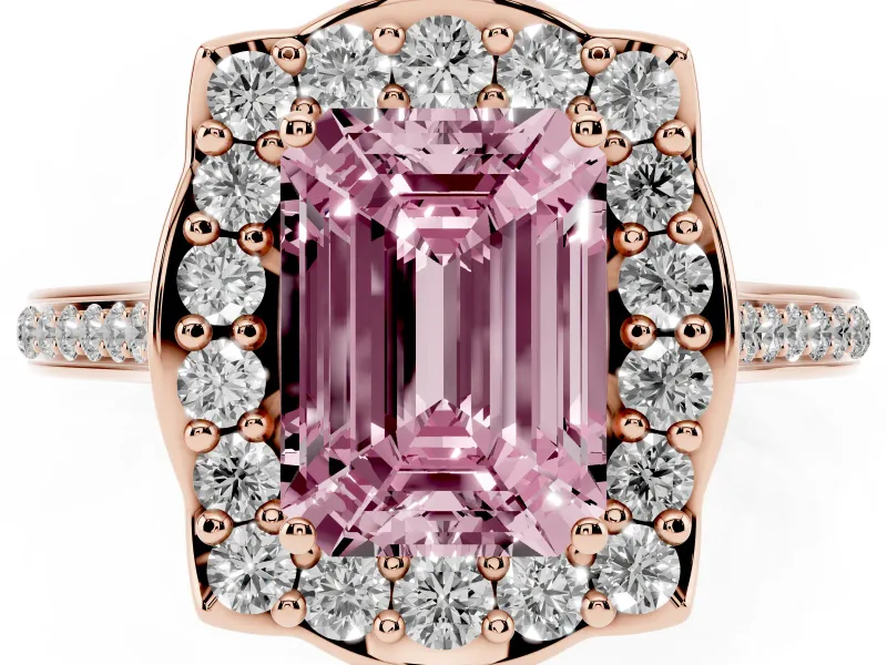 Emerald Cut Halo Engagement Ring Setting for a Fancy Pink Lab-Grown Diamond | Petal Tips | Rose Gold