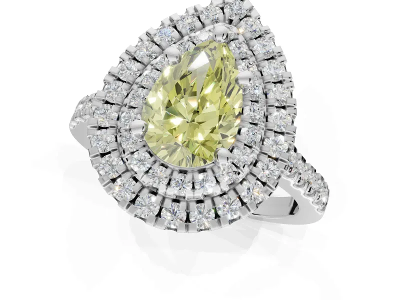 Canary Yellow Pear-Shaped Lab-Grown Diamond Double Halo Statement Ring Set in Platinum with Pavé Band