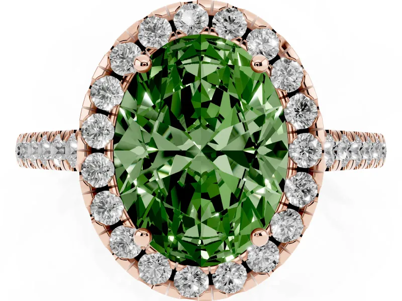 Oval Raised Halo Engagement Ring Setting for a Fancy Green Lab-Grown Diamond | Pave Band | Rose Gold