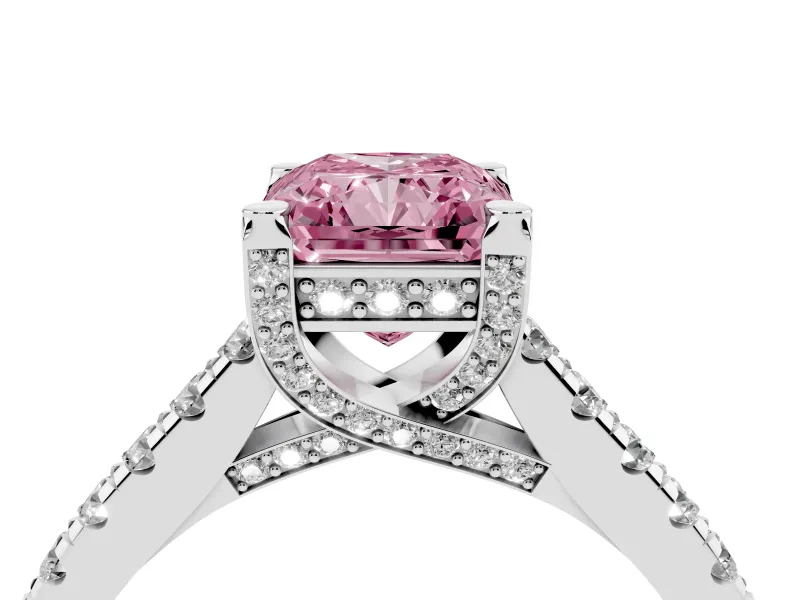 Fancy Pink Radiant Cut Diamond Solitaire Ring Set in Silver with Brilliant Pavé Band and Prong Setting