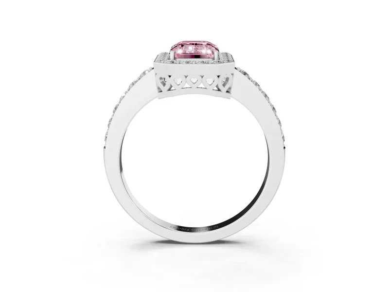 Fancy Pink Emerald Cut Diamond Halo Ring Set in Platinum with Pavé-Setting Band and Open Prong Center