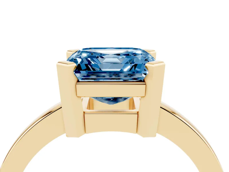 Fancy Blue Asscher Cut Diamond Solitaire Ring Set in Yellow gold with Prong Head and Smooth Polished Band