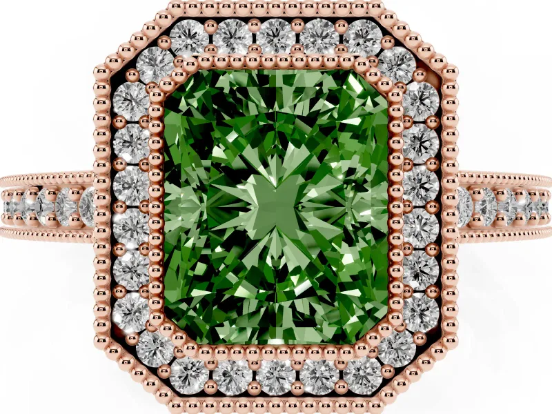 Fancy Green Radiant Cut Diamond Halo Engagement Ring Set in Rose gold with Pavé Band and Round Halo Stones