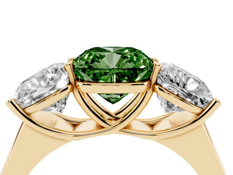 Cushion Cut Three Stone Engagement Ring Setting for a Fancy Green Lab-Grown Diamond | Basket Prong Heads | Yellow Gold
