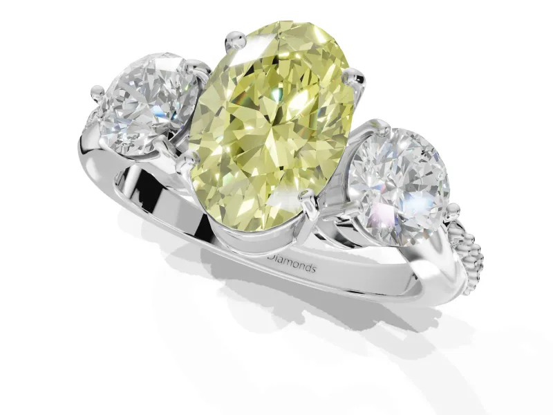 Oval Three Stone Engagement Ring Setting for a Fancy Yellow Lab-Grown Diamond | Tapered Pave Band | Platinum