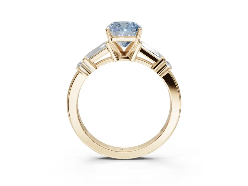 Cushion Cut Tapered Baguette Engagement Ring Setting for a Fancy Blue Lab-Grown Diamond | Bar Set Sides | Yellow Gold