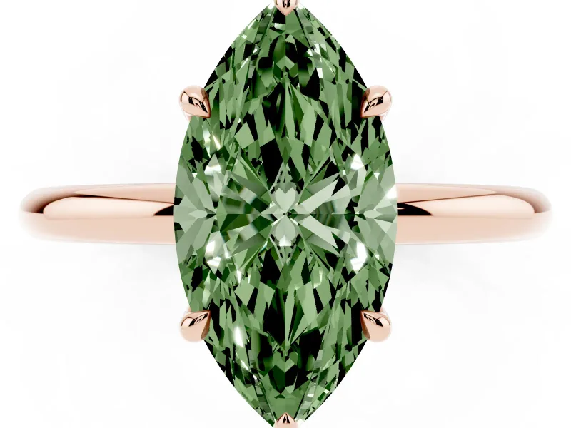 Fancy Green Marquise Cut Diamond Solitaire Ring Set in Rose gold with Thin Band and Prong Setting