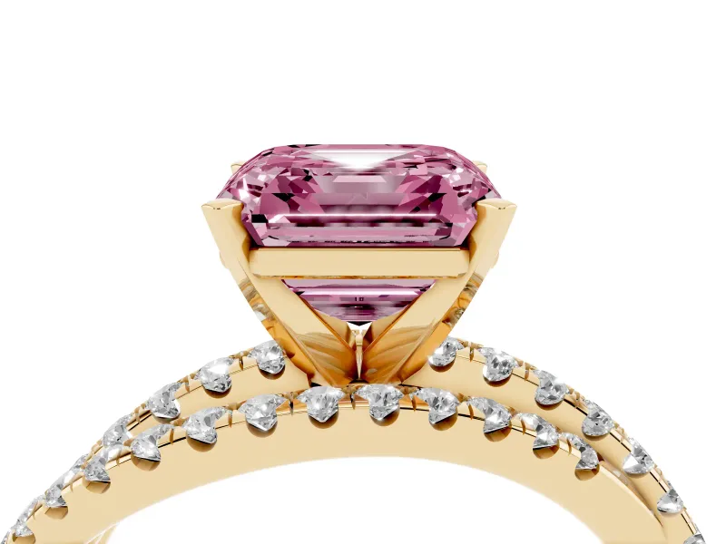 Fancy Pink Asscher Cut Diamond Solitaire Twist Band Ring Set in Yellow gold with Pavé Setting and Prong Head
