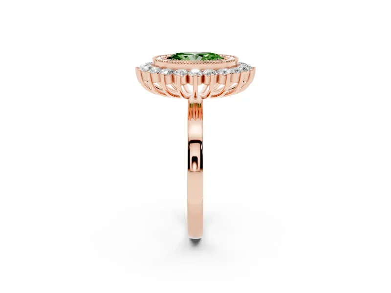 Fancy Green Oval Cut Diamond Halo Ring Set in Rose gold with Milgrain Edge and Round Prong Setting