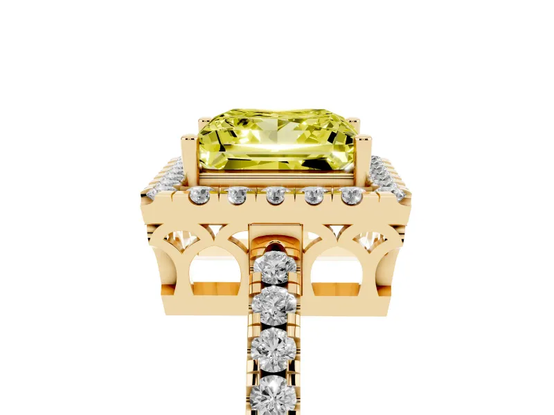 Princess Cut Halo Engagement Ring Setting for a Fancy Yellow Lab-Grown Diamond | Shared Prong Pavé Band | Yellow Gold