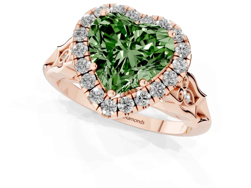 Fancy Green Heart Cut Diamond Halo Engagement Ring Set in Rose gold with Filigree Band and Prong-Set Center