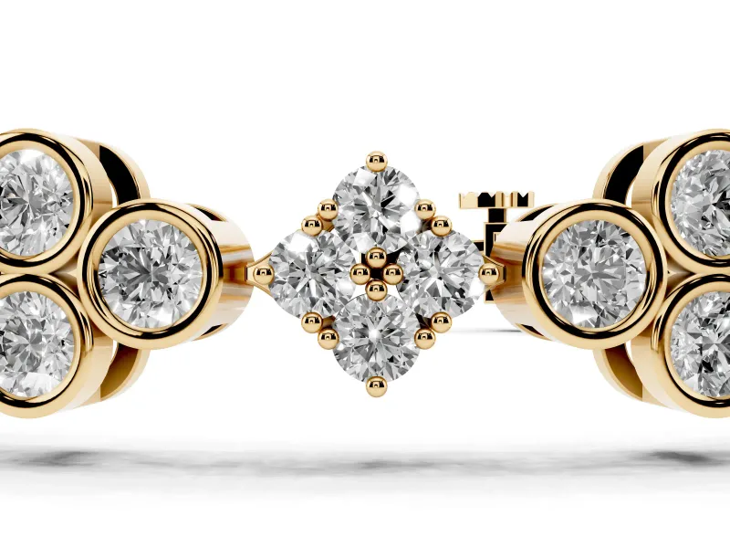 Round Lab-Grown Diamond Cluster Tennis Bracelet | Bezel Clover Stations | Yellow Gold