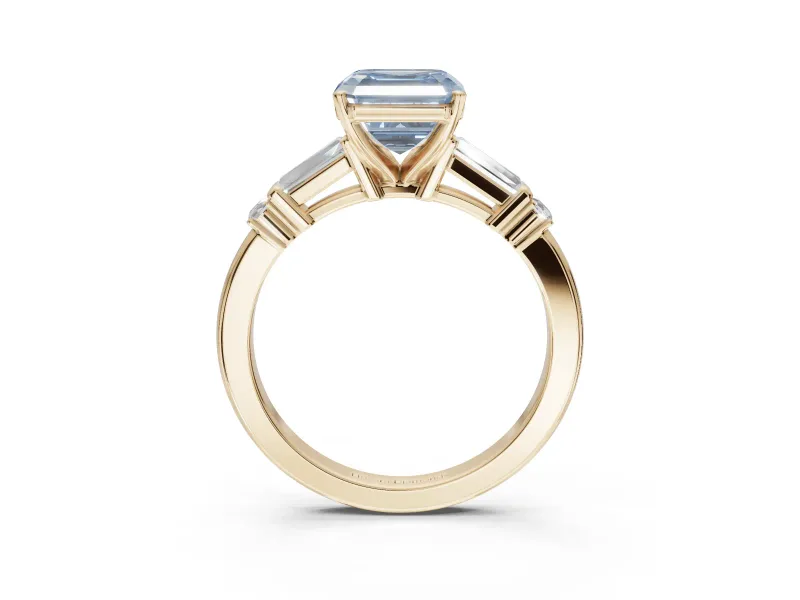 Asscher Cut Tapered Baguette Engagement Ring Setting for a Fancy Blue Lab-Grown Diamond | Bar Set Sides | Yellow Gold