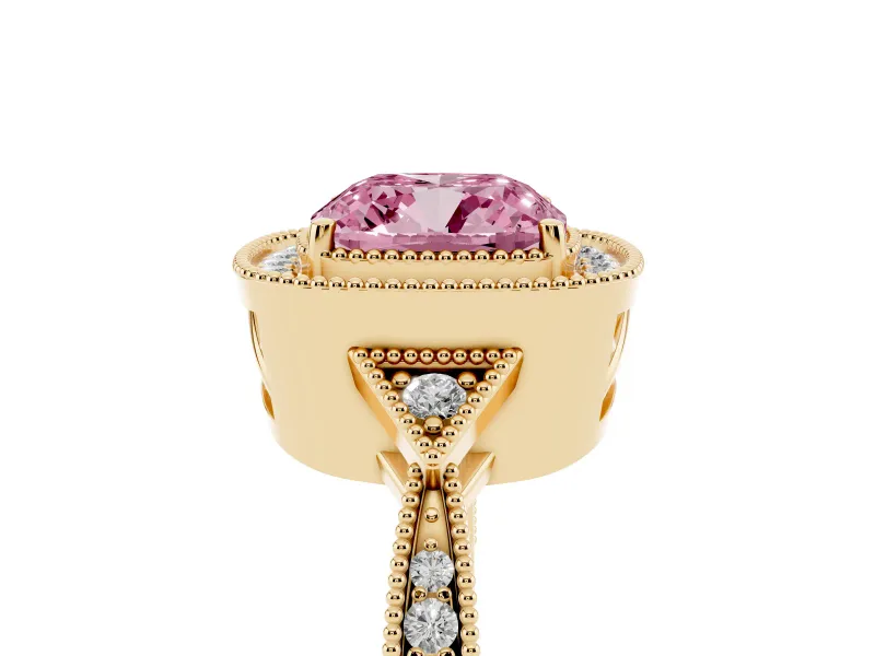 Fancy Pink Cushion Cut Diamond Halo Engagement Ring Set in Yellow gold with Milgrain Pavé Band