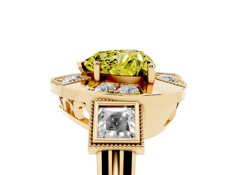 Fancy Yellow Heart Cut Diamond Milgrain Halo Ring Set in Yellow gold with Split Shank