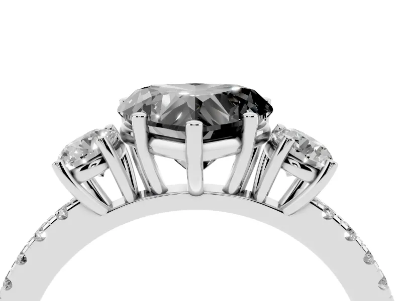 Fancy Black Heart Cut Diamond Three-Stone Ring Set in White gold with Pavé Band and Graduated Sides