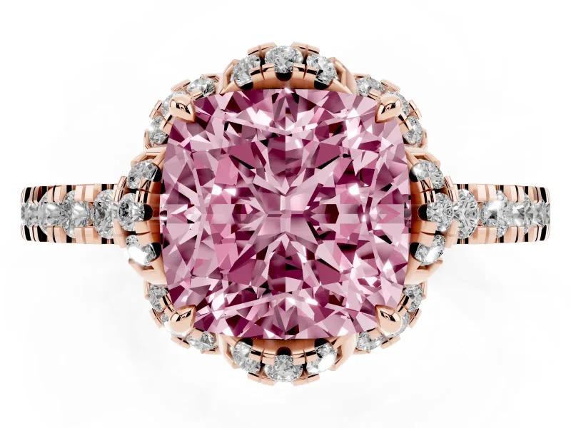 Fancy Pink Cushion Cut Diamond Halo Pavé Band Ring Set in Rose gold with Prong-Held Center