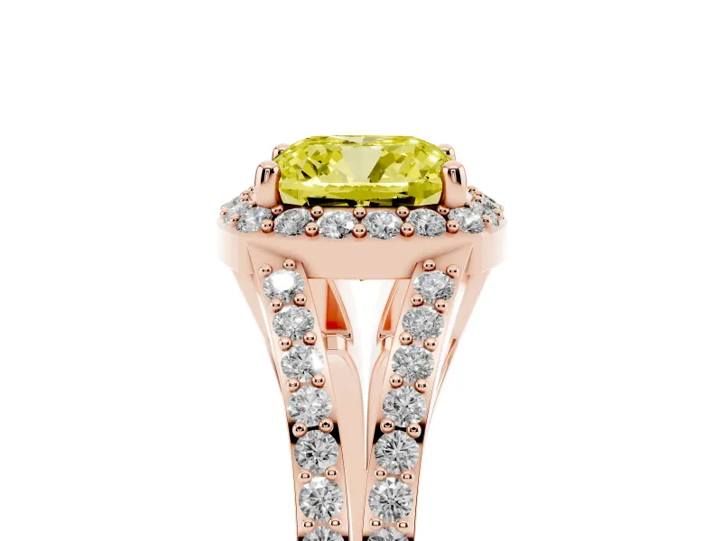 Cushion Cut Halo Engagement Ring Setting for a Fancy Yellow Lab-Grown Diamond | V-Split Pavé Band | Rose Gold
