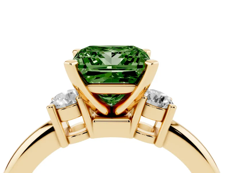 Princess Cut Three Stone Engagement Ring Setting for a Fancy Green Lab-Grown Diamond | Round Side Stones | Yellow Gold
