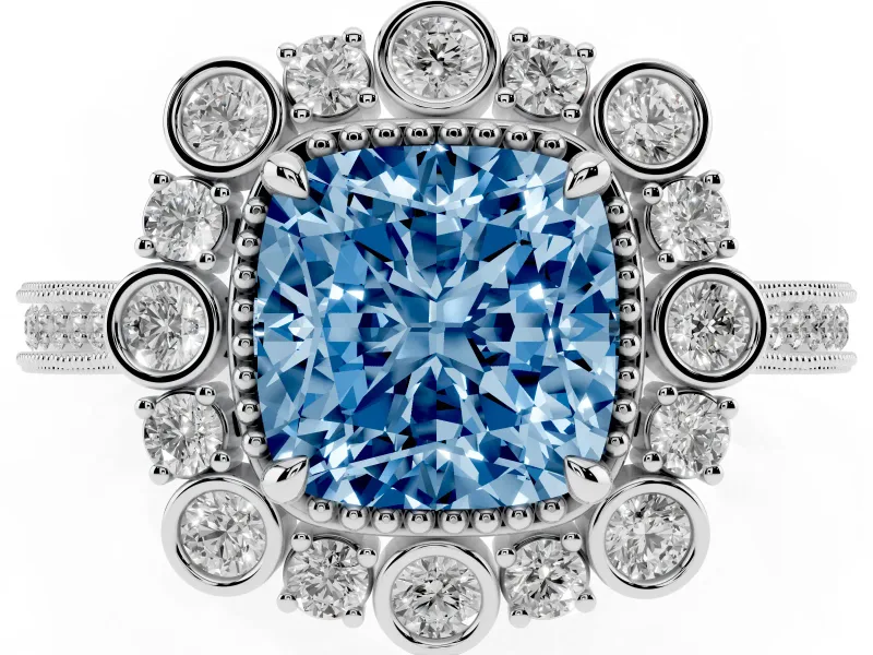 Fancy Blue Cushion Cut Diamond Halo Milgrain Pavé Ring Set in Silver with Prong Setting