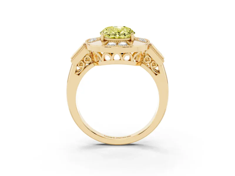 Fancy Yellow Oval Cut Diamond Milgrain Halo Ring Set in Yellow gold with Split Shank