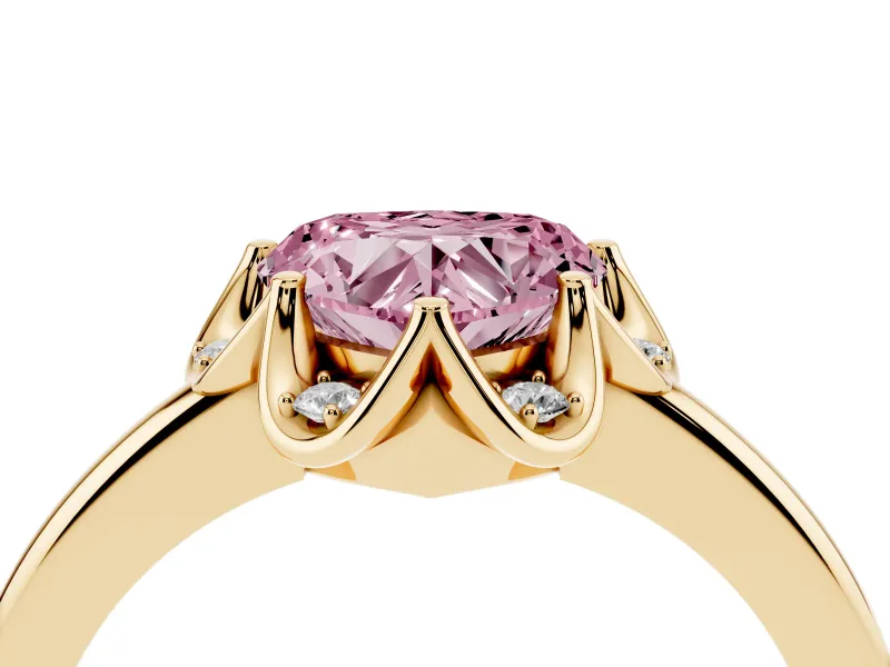 Fancy Pink Heart Cut Diamond Round Cluster Halo Ring Set in Yellow gold with Solitaire Band and Prong Setting