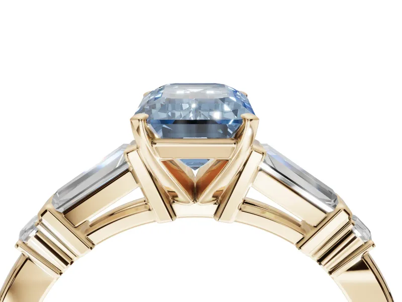 Emerald Cut Tapered Baguette Engagement Ring Setting for a Fancy Blue Lab-Grown Diamond | Bar Set Sides | Yellow Gold