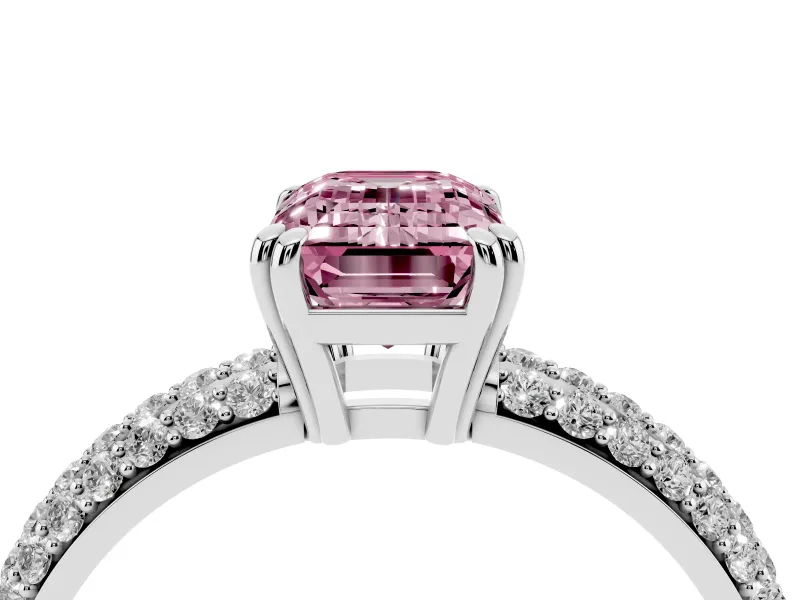 Emerald Cut Three Row Pave Engagement Ring Setting for a Fancy Pink Lab-Grown Diamond | Platinum