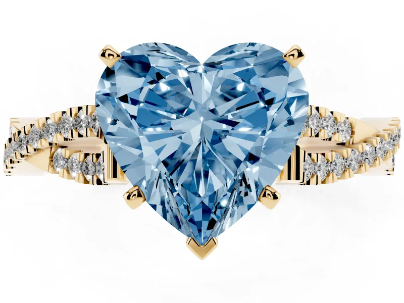 Fancy Blue Heart Cut Diamond Solitaire Engagement Ring Set in Yellow gold with Twisted Pavé Band and Prong Setting