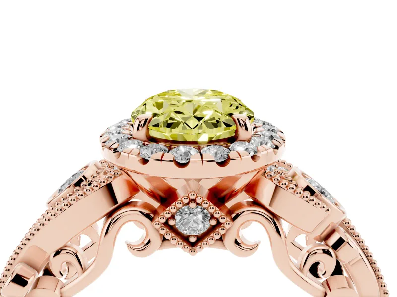 Oval Vintage Halo Engagement Ring Setting for a Fancy Yellow Lab-Grown Diamond | Bezel Shoulder Accents | Rose Gold