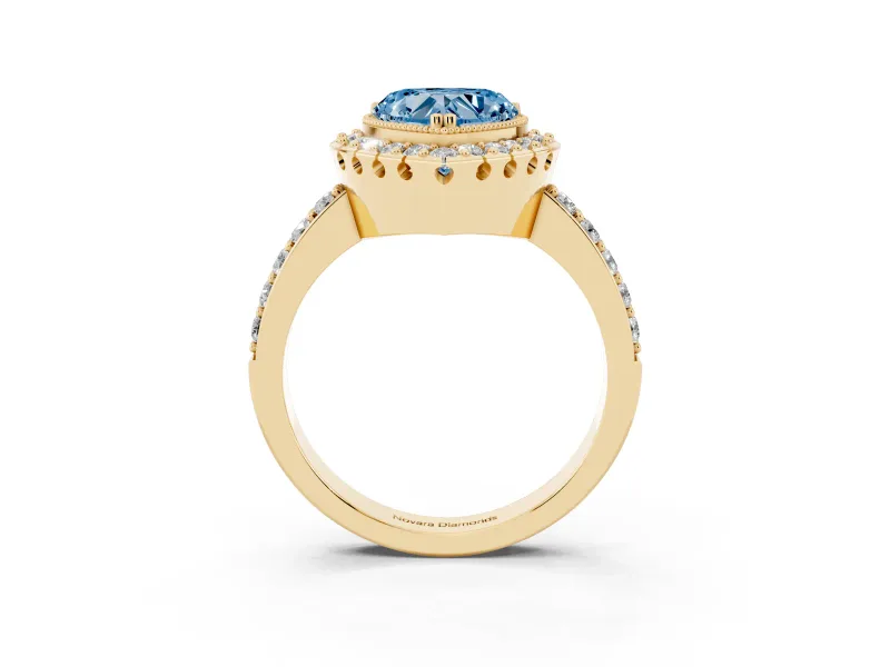 Heart-Shaped Milgrain Halo Engagement Ring Setting for a Fancy Blue Lab-Grown Diamond | Pavé Shoulders | Yellow Gold