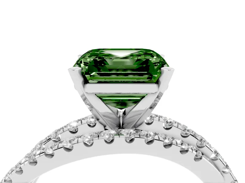 Fancy Green Asscher Cut Diamond Solitaire Twist Band Ring Set in White gold with Pavé Setting and Prong Head
