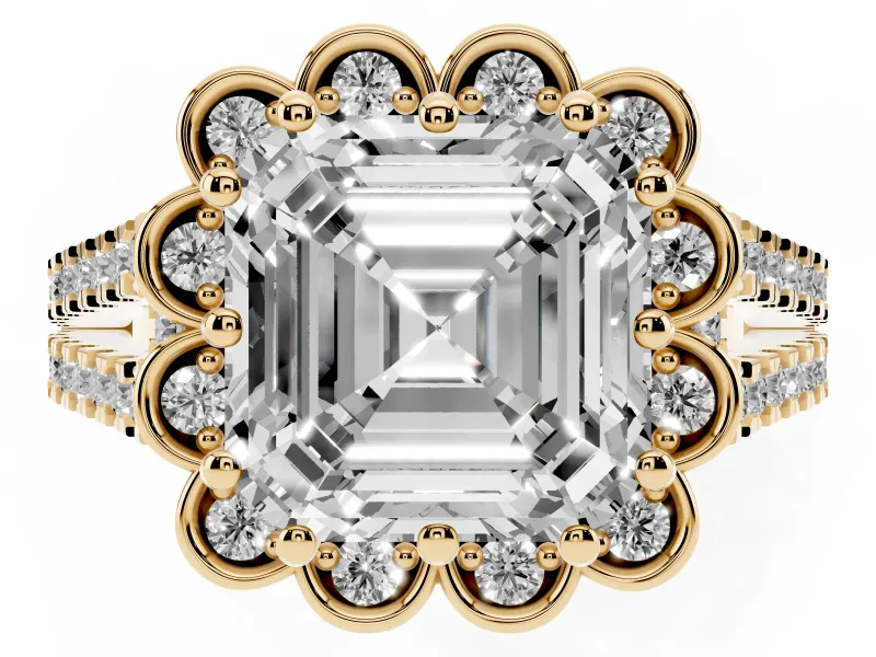 Asscher Cut Petal Frame Floral Halo Engagement Ring Setting | Pavé Split Shank | Yellow Gold