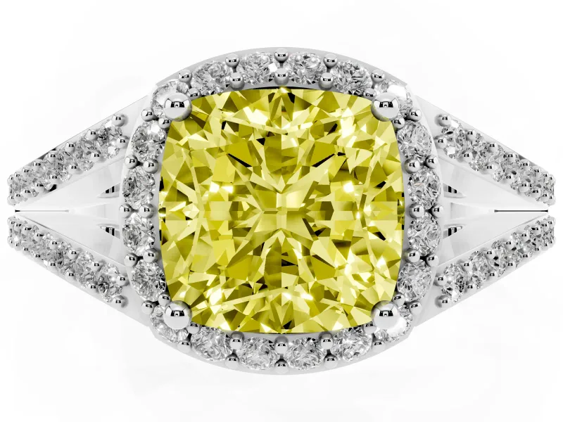 Cushion Cut Halo Engagement Ring Setting for a Fancy Yellow Lab-Grown Diamond | V-Split Pavé Band | Sterling Silver