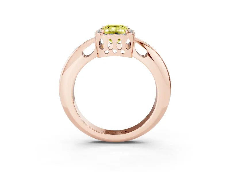 Fancy Yellow Emerald Cut Diamond Halo Engagement Ring Set in Rose gold with Plain Split Shank and Prong Setting
