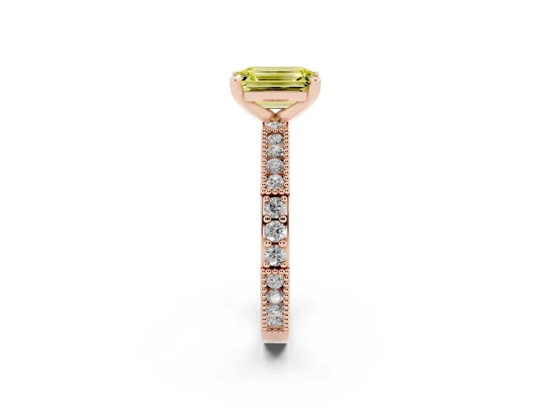 Emerald Cut Vintage Pavé Engagement Ring Setting for a Fancy Yellow Lab-Grown Diamond | Rose Gold