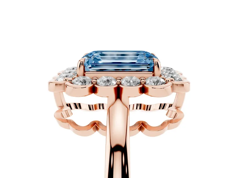 Emerald Cut Scalloped Cluster Halo Engagement Ring Setting for a Fancy Blue Lab-Grown Diamond | Plain Band | Rose Gold