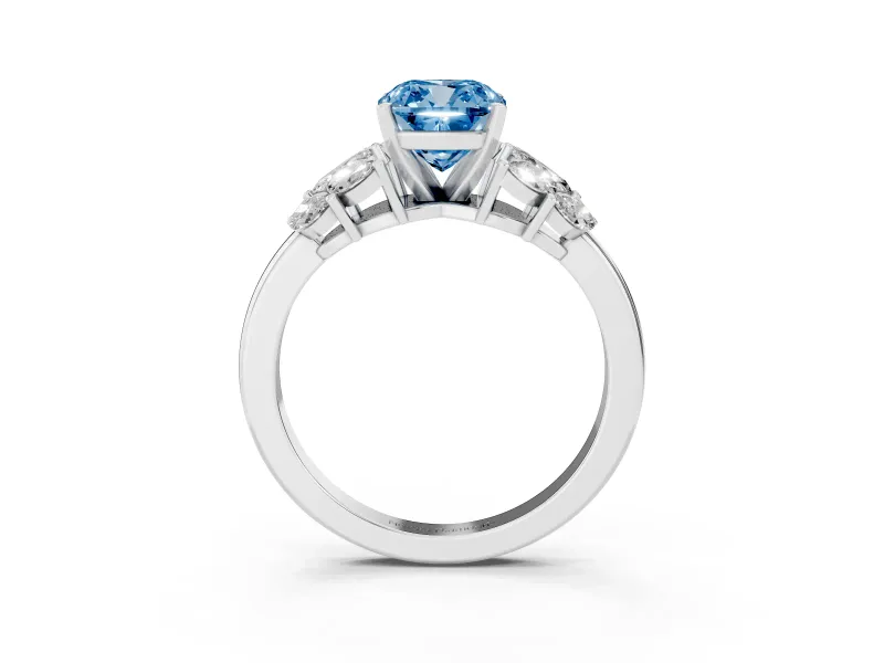 Fancy Blue Cushion Cut Diamond Cluster Leaf Design Ring Set in Platinum with Prong Setting