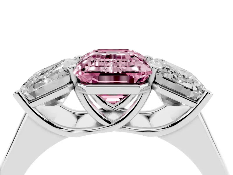 Emerald Cut Three Stone Engagement Ring Setting for a Fancy Pink Lab-Grown Diamond | Basket Prong Heads | Platinum